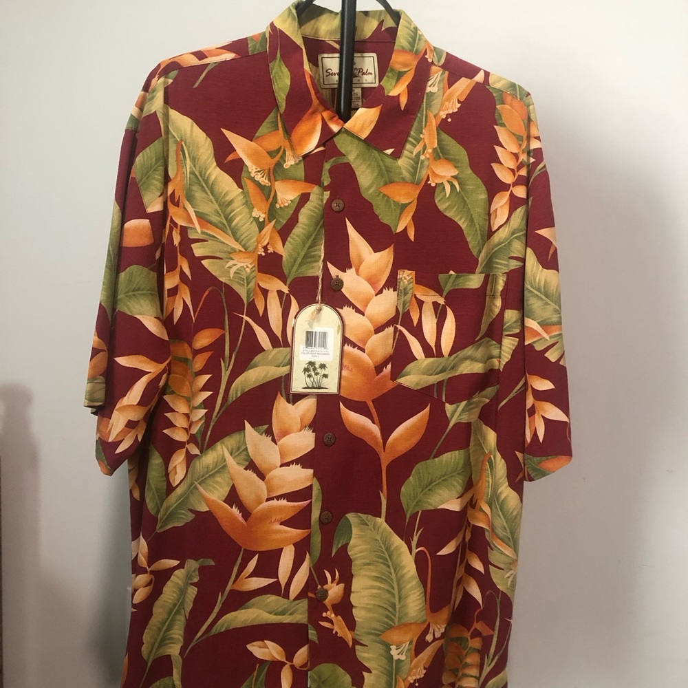 Casual Tropical Leaf Short-Sleeve Button-Down Shirt - Maroon/Green/Orange
